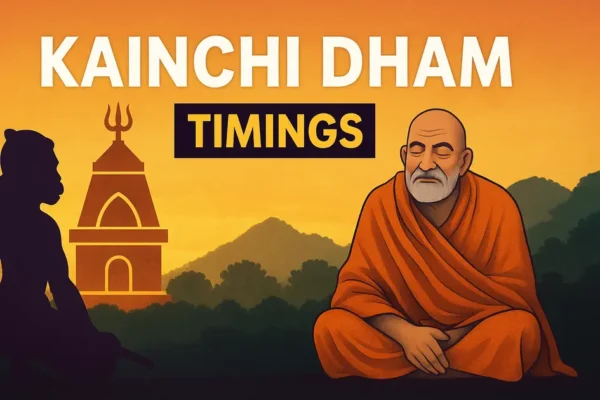 Neem Karoli Baba meditating at Kainchi Dham with Hanuman silhouette and temple icon – post thumbnail for temple timings